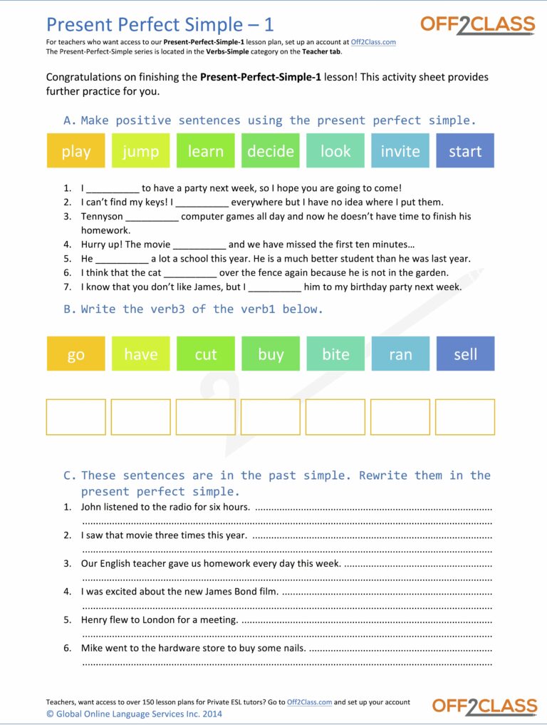 Free Present Perfect Simple Activity Sheets - Off2Class